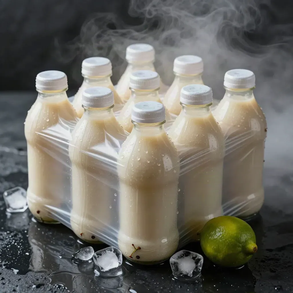 Macro of twelve wrapped berry jelly drink bottles on wet black stone with ice and mist.