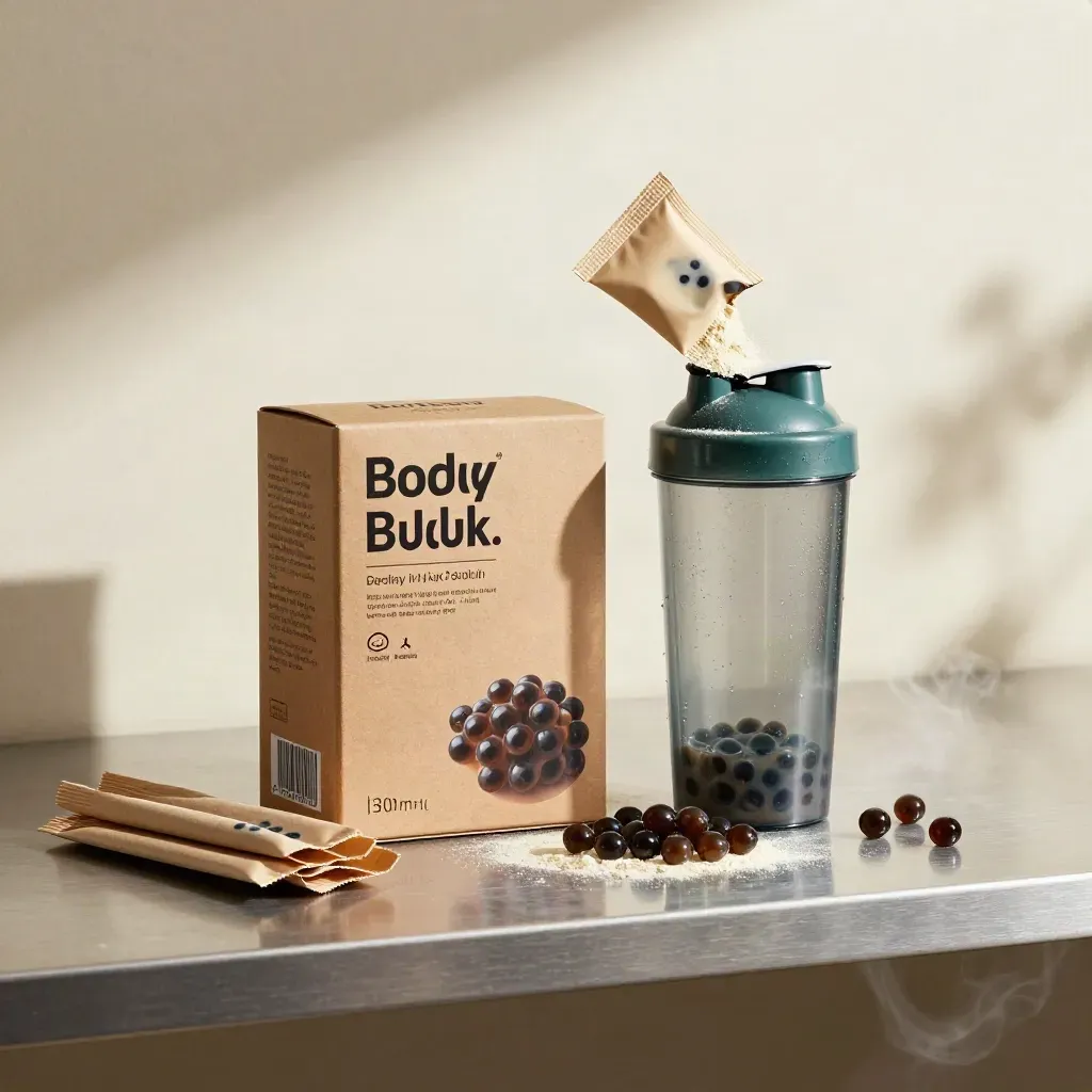Bubble tea mix kit with shaker cup, sachets, pearls and powder cloud on a studio shelf.