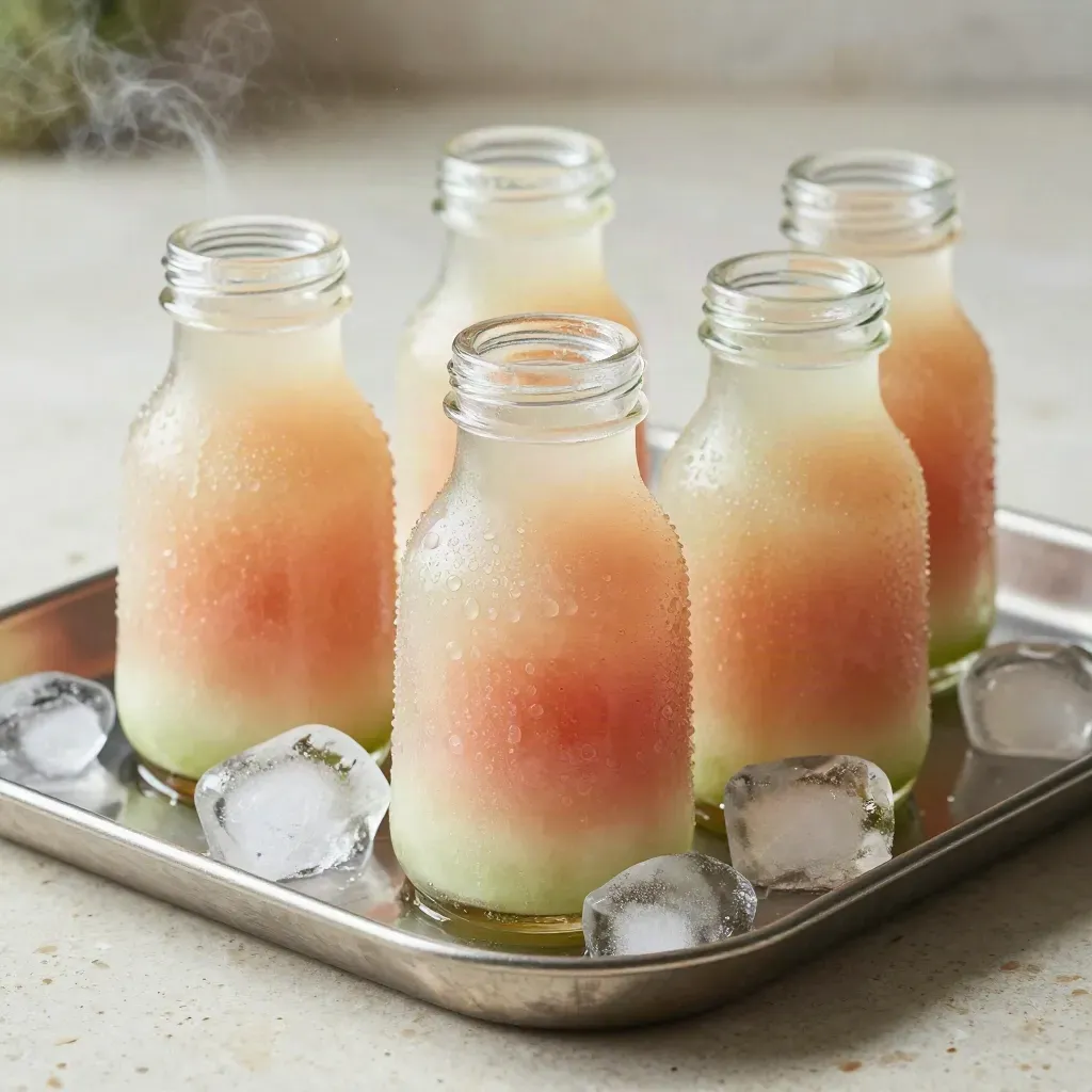 Four jelly drink bottles in a frosty tray with ice, melon rind, and a steel scoop.