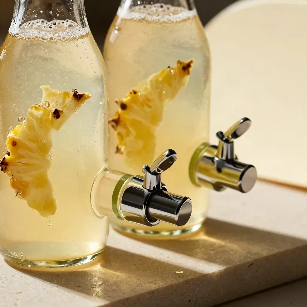 Macro of two pineapple syrup bottles with ice, fizz, chrome spout and a glowing syrup bead