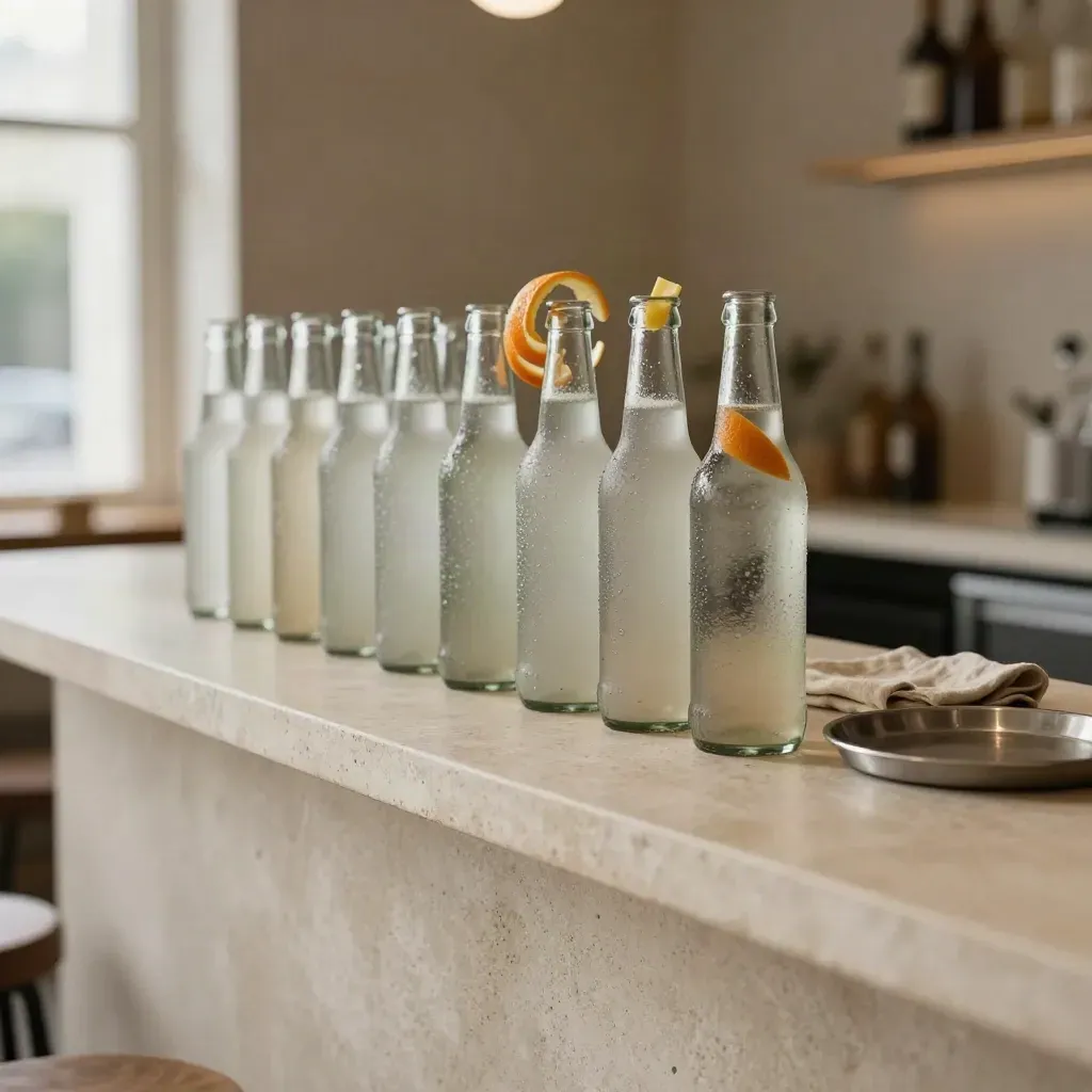 Chilled glass bottles on a pale stone café counter with citrus in soft window light.